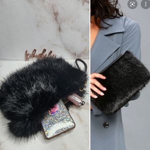 Black faux fur wristlet crossbody